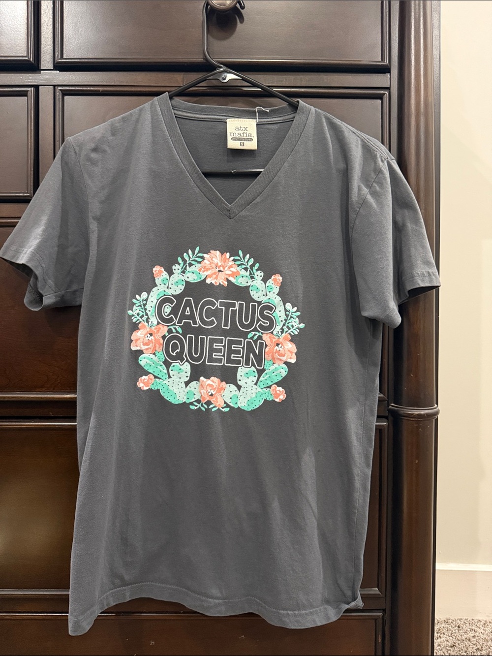Atx Mafia Charcoal Cactus Queen V-Neck Tee with Mint and Coral Graphic